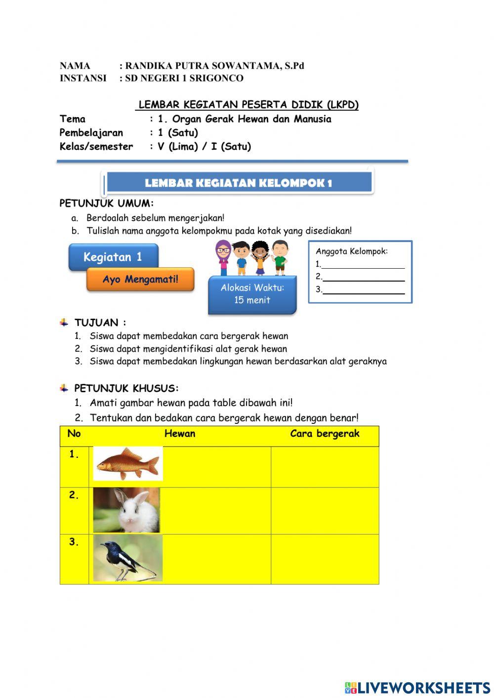 Kelas 5 - Tema 1.Organ Gerak Hewan dan Manusia