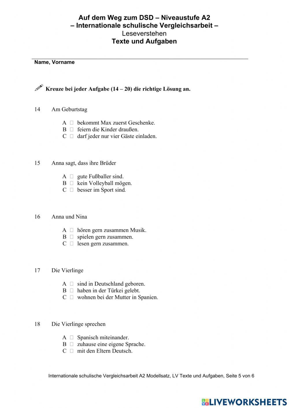 Auf dem Weg zum DSD A2 - Leseverstehen Modelsatz