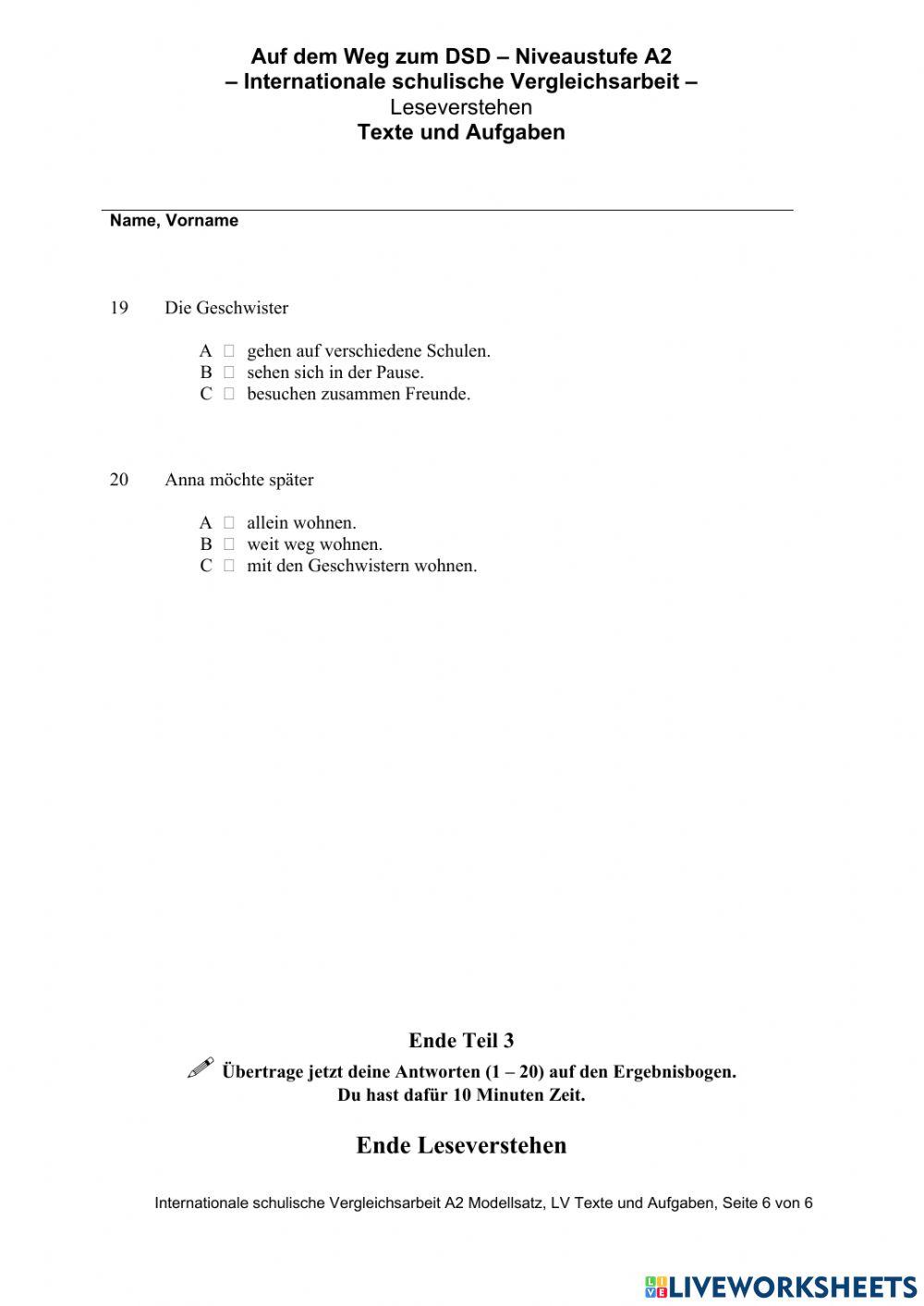 Auf dem Weg zum DSD A2 - Leseverstehen Modelsatz
