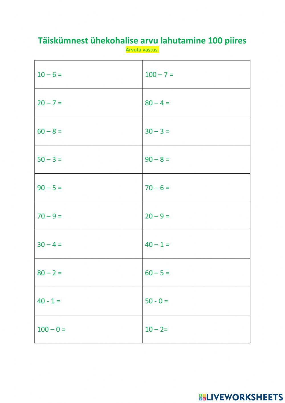 Lahutamine 100 piires