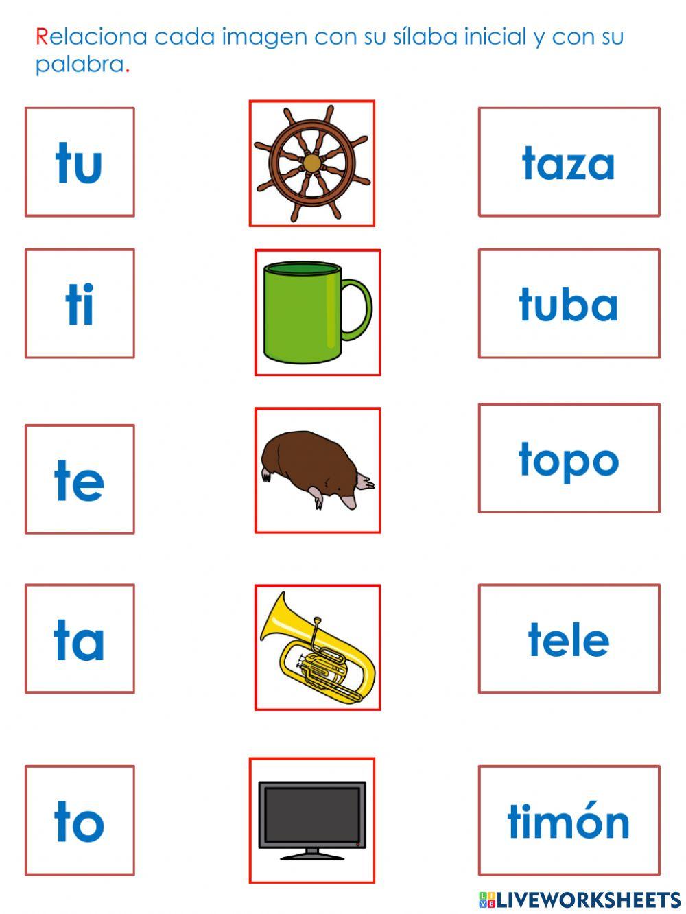 Relaciona imagen, con silaba inicial y palabra: consonante J y t