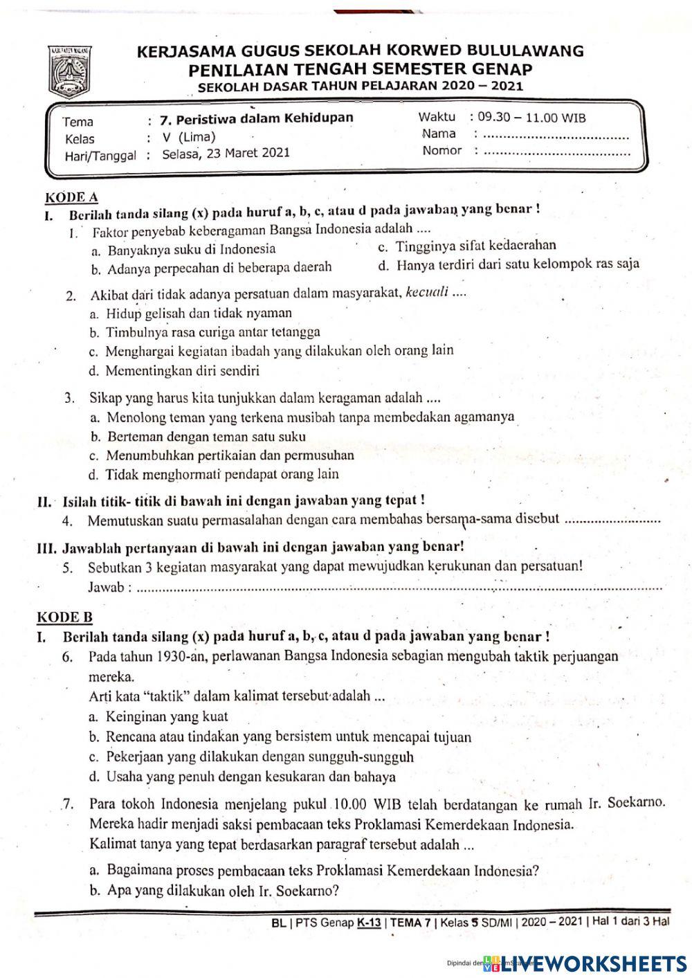 Kelas 5 Ulangan Tengah Semester 2 (Tema 7)