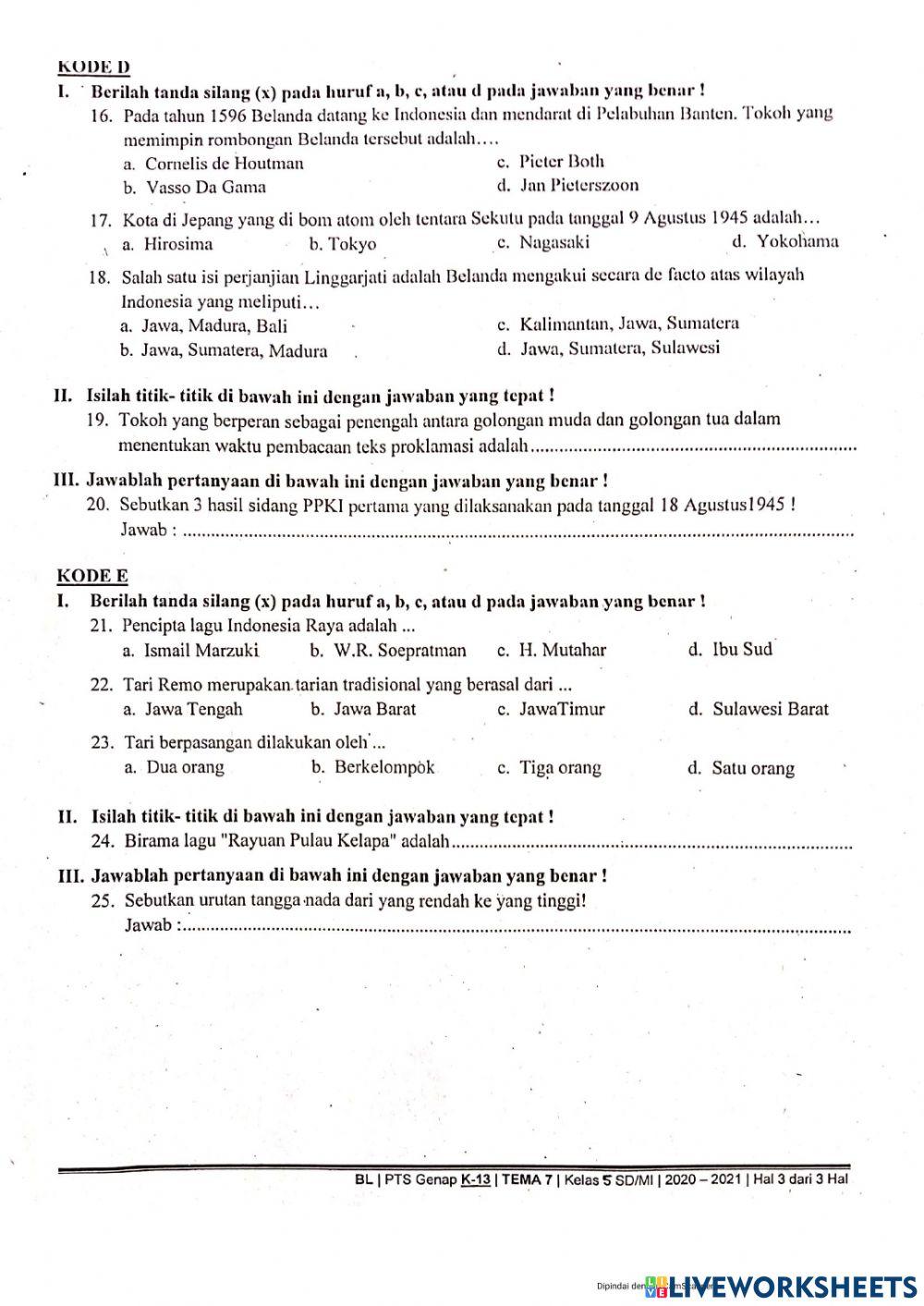 Kelas 5 Ulangan Tengah Semester 2 (Tema 7)