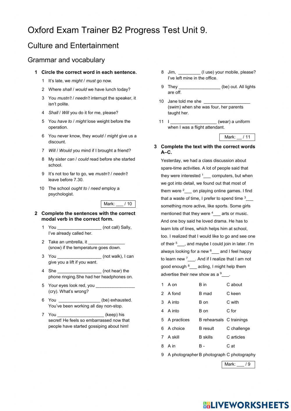 Oxford Exam Trainer B2 Unit 9. Culture and Entertainment