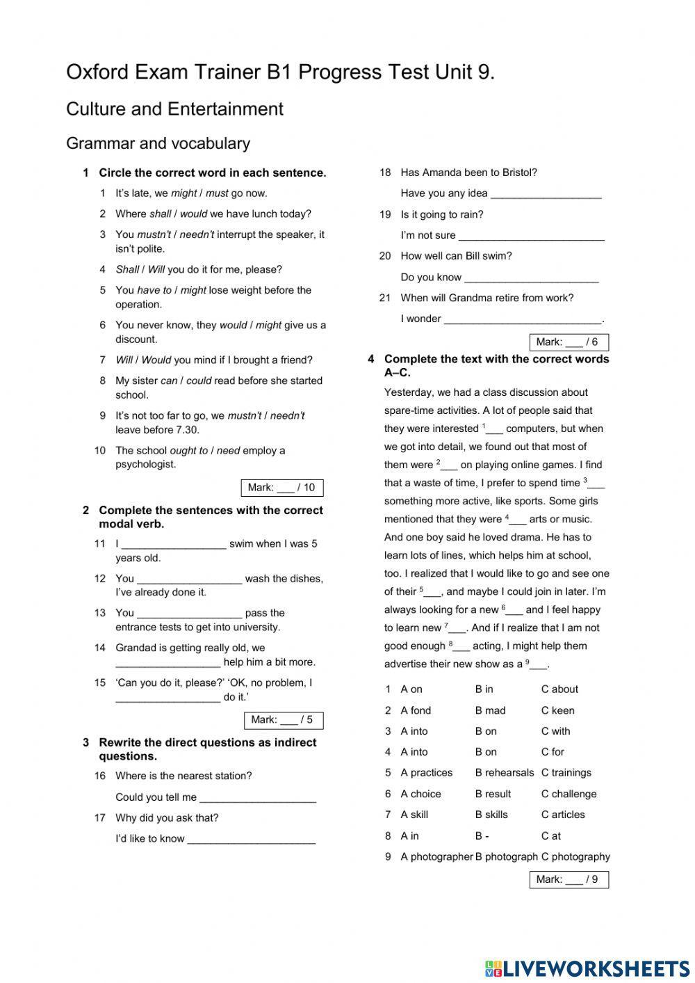 OET Test B1 Unit 9. Culture and Entertainment