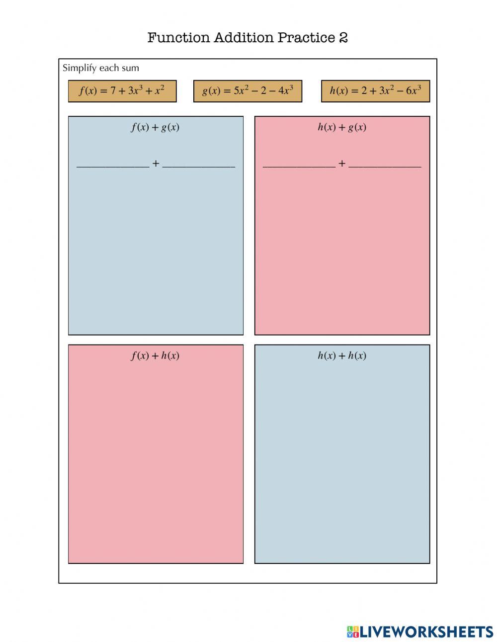 Function Addition Practice 2 worksheet | Live Worksheets