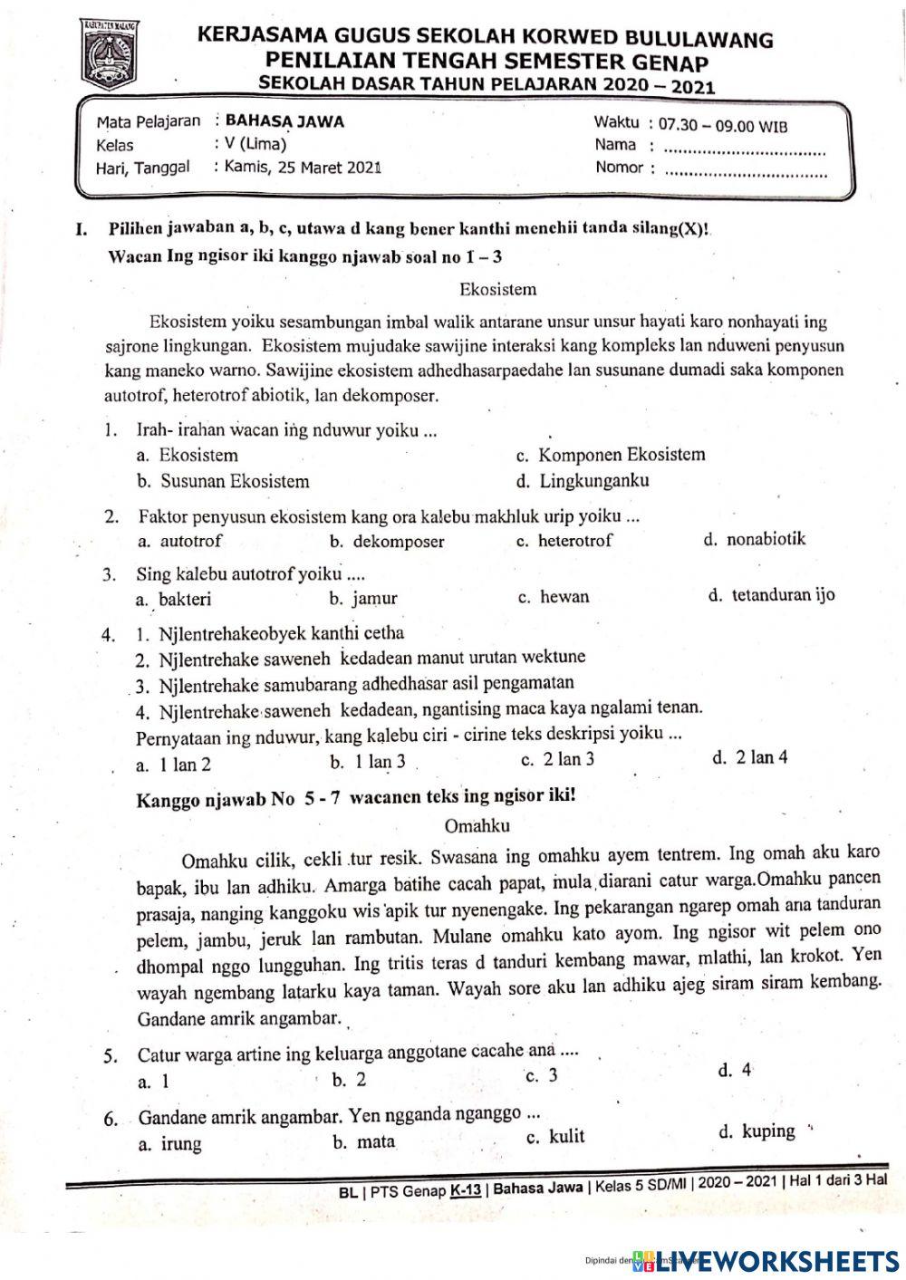 Kelas 5 Ulangan Tengah Semester 2 Bhs.Jawa worksheet | Live Worksheets