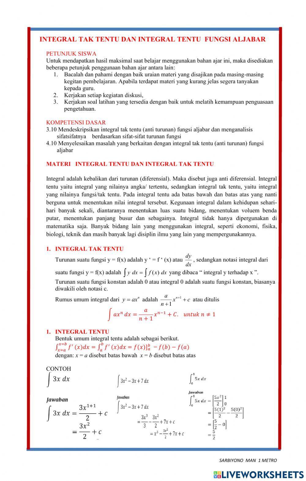 Integral tak tentu dan tentu