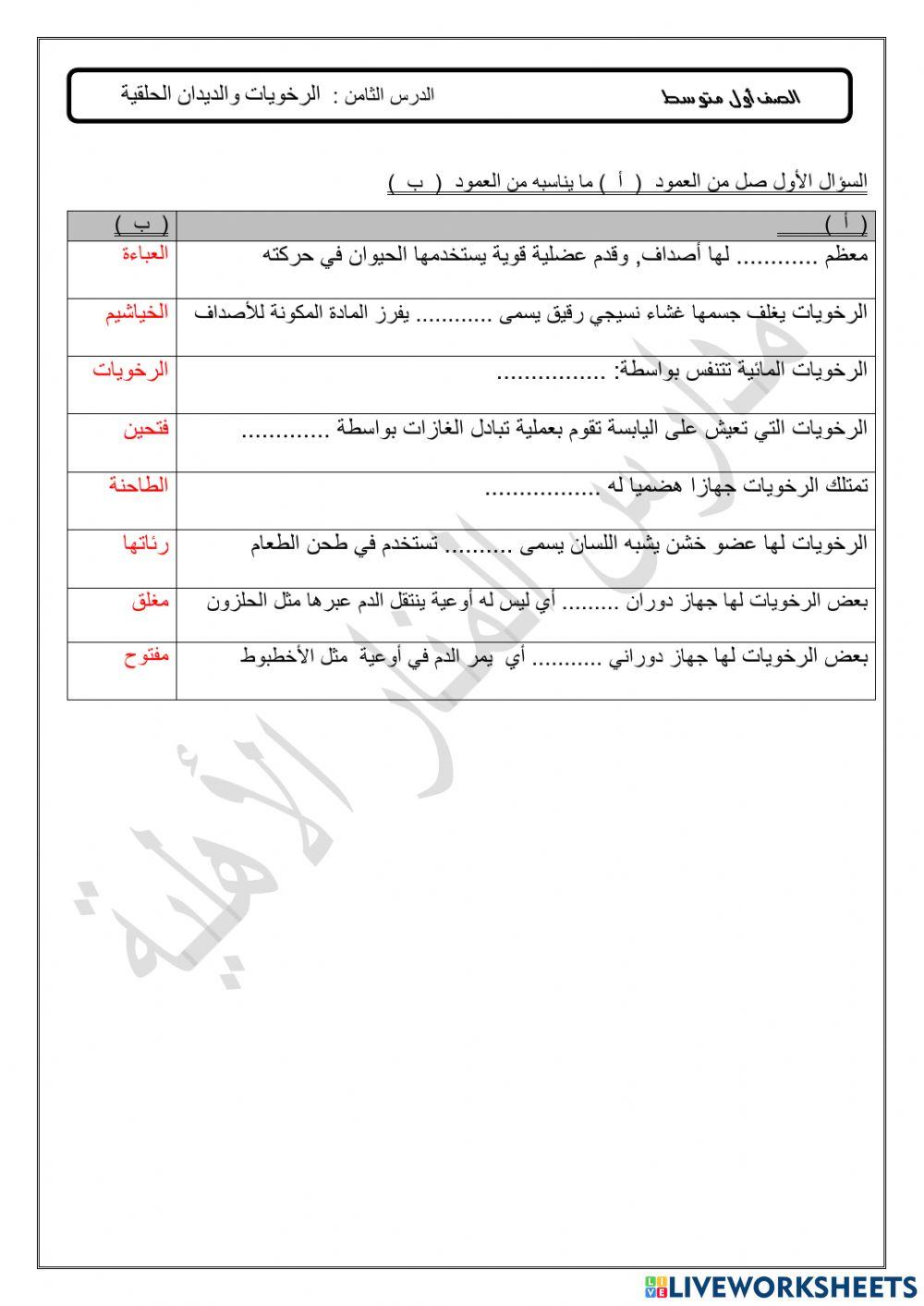 الدرس الثامن :  الرخويات والديدان الحلقية