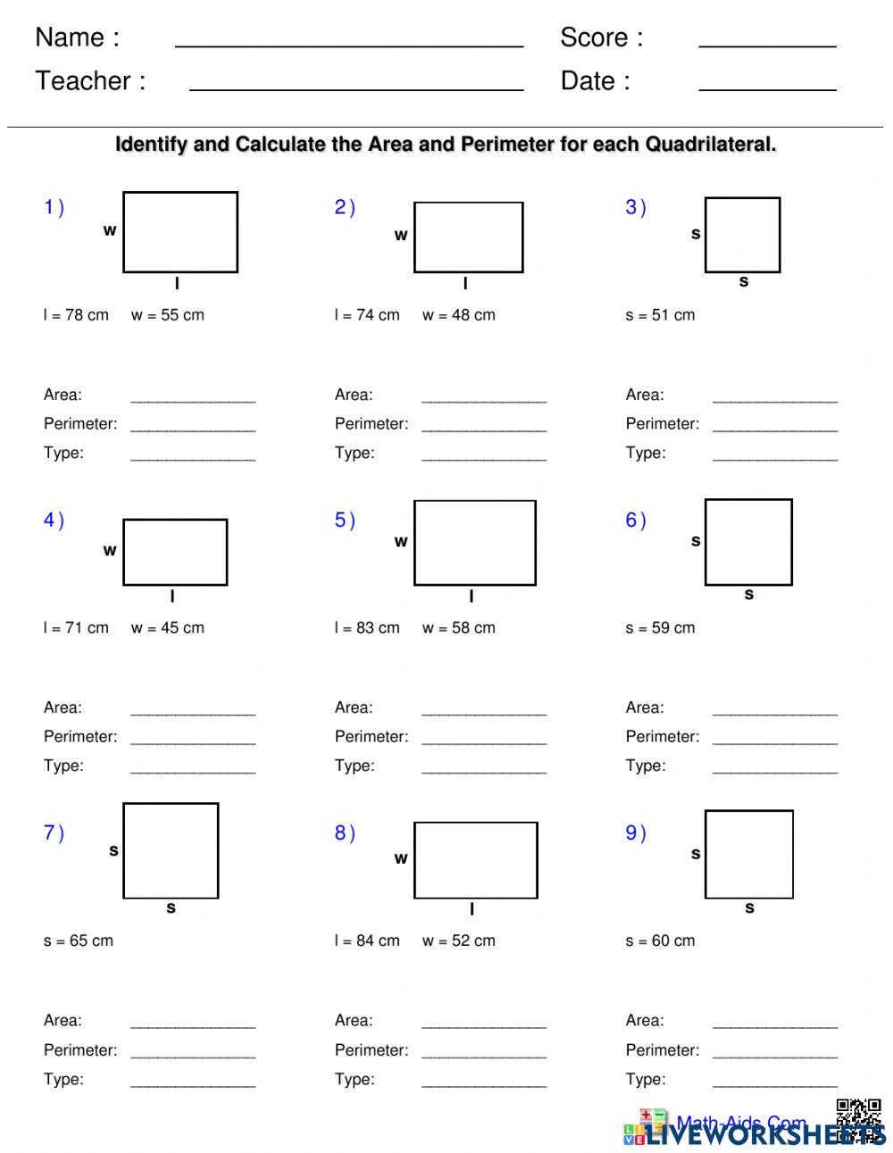 AREA AND PERIMETER OF SQUARE AND RECTANGLE GRADE 4 online exercise for