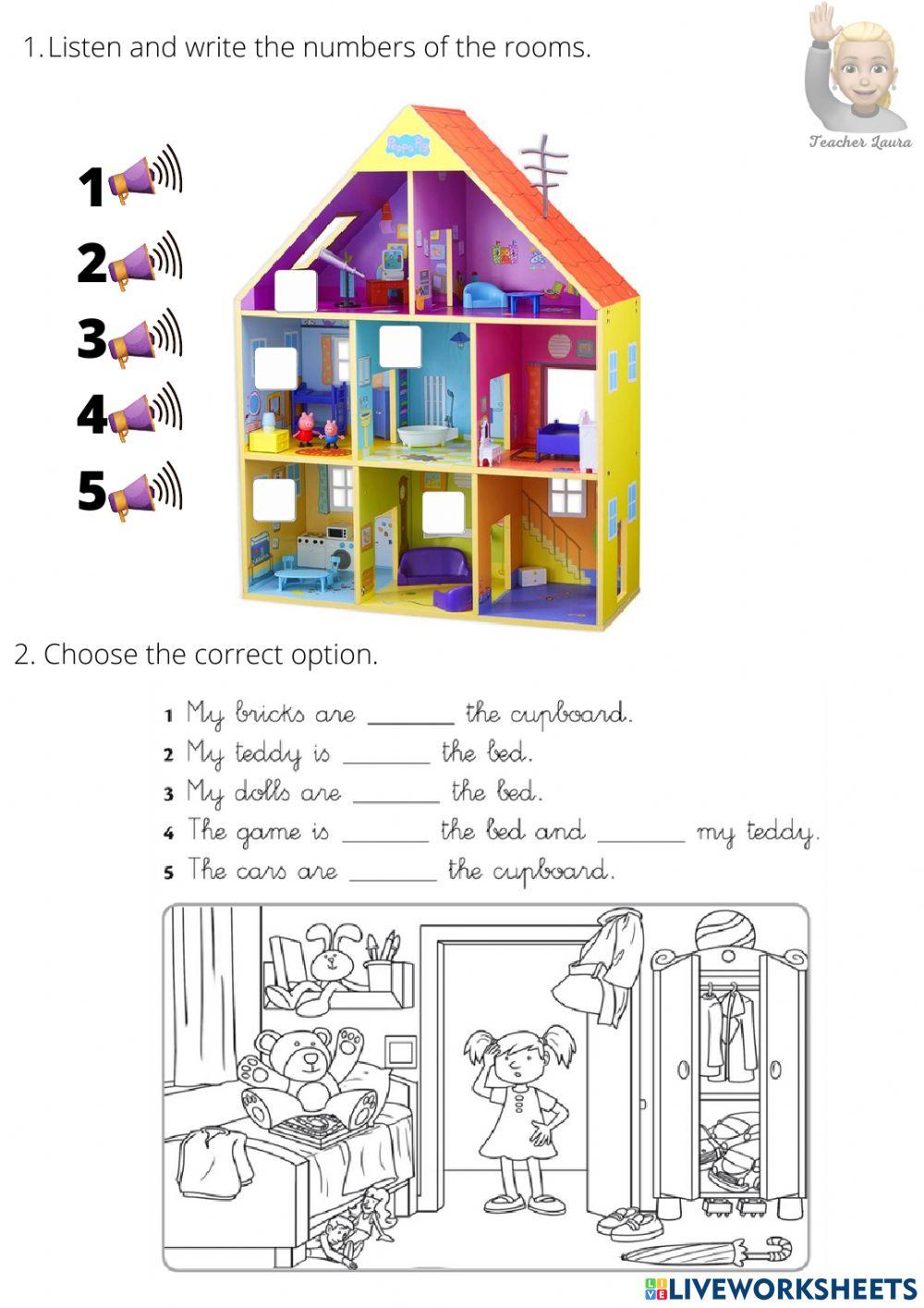 Prepositions in on under. toys, house.