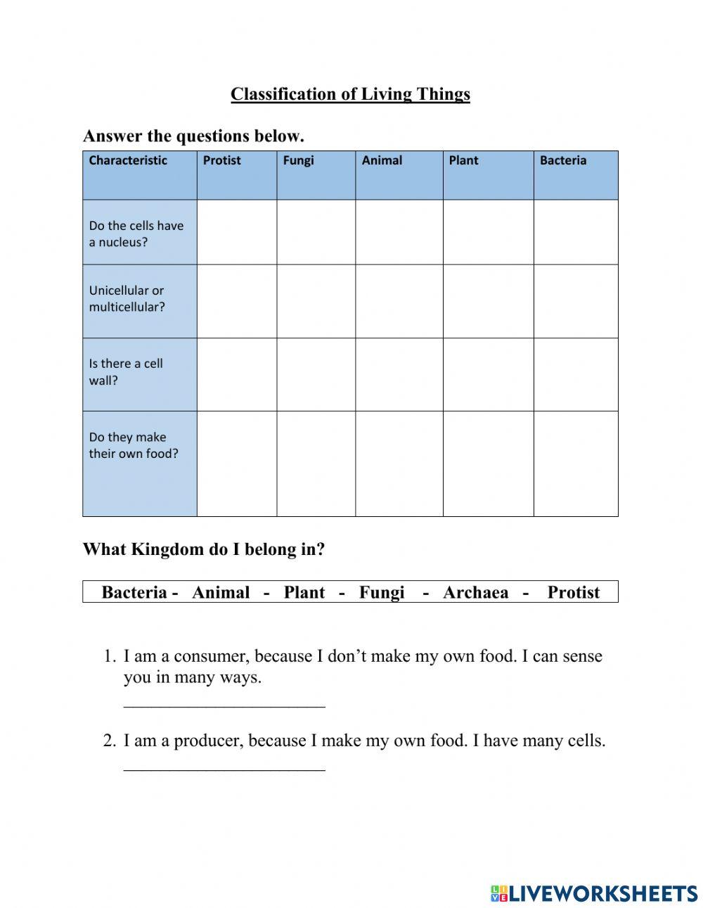 Classification Of Living Things Worksheet Answers