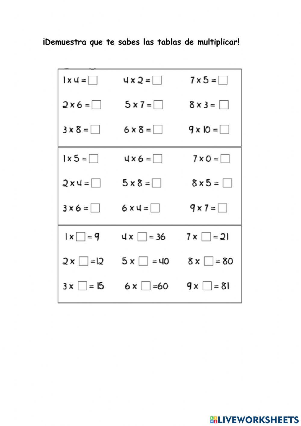 Tablas de multiplicar online exercise for tercero de primaria | Live ...