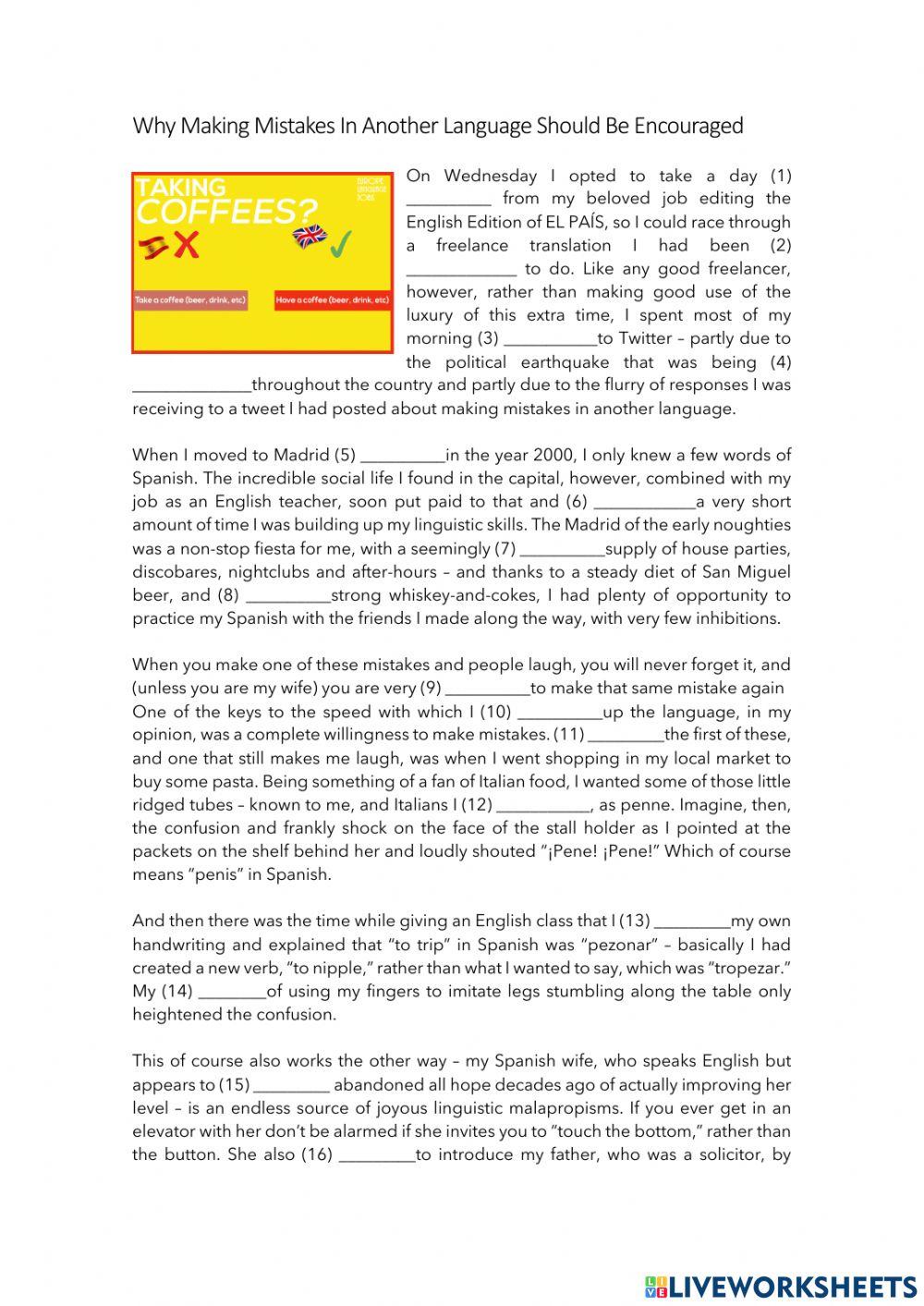 Cloze: Making mistakes in other languages