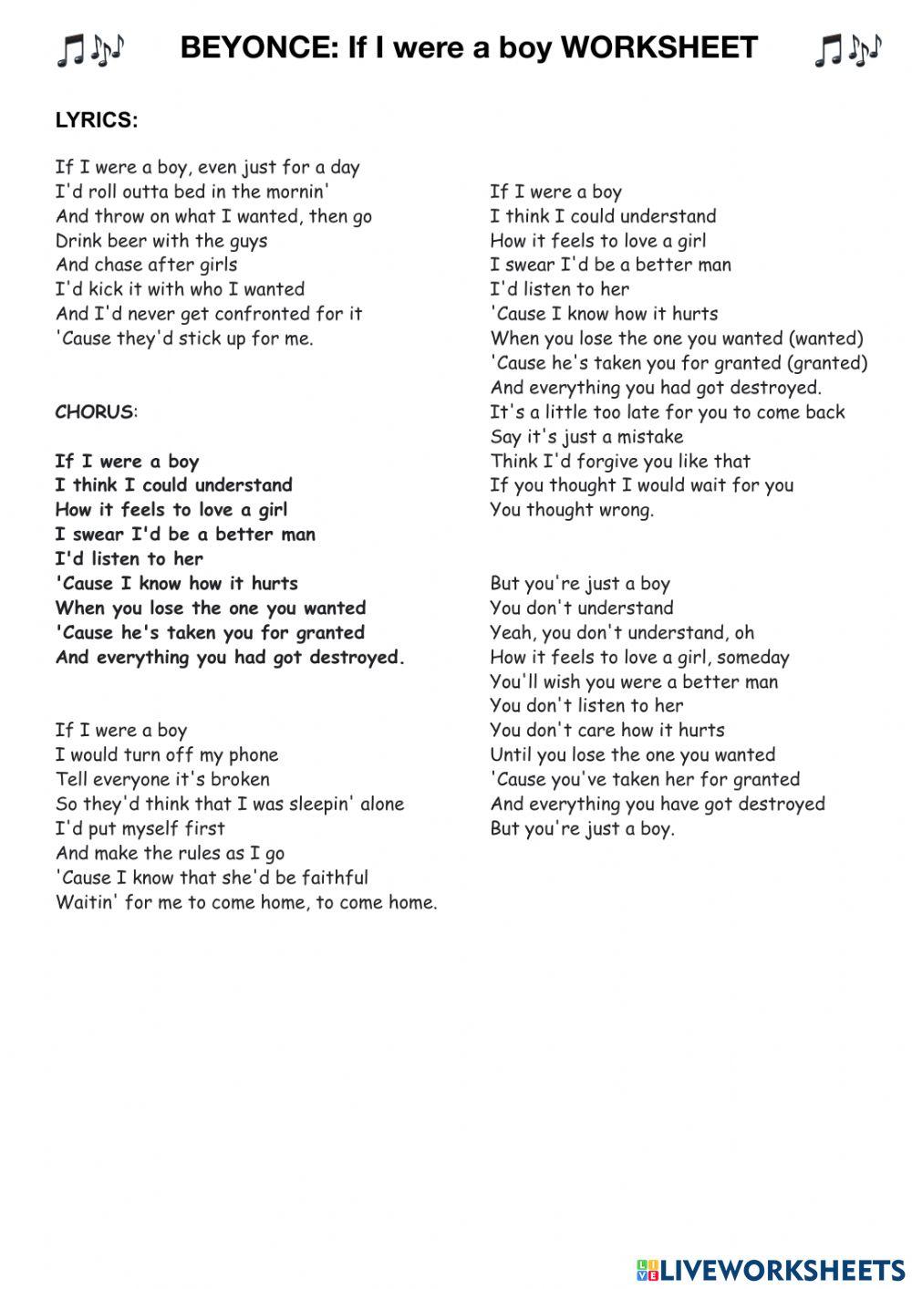 Beyoncé If I were a boy worksheet