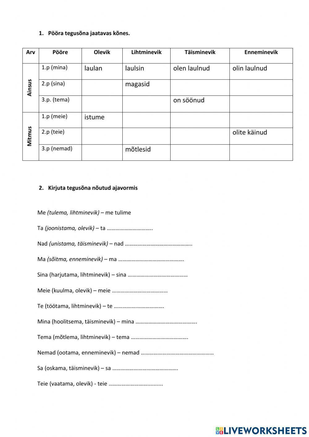 Tegusõna pööramine olevikus ja minevikus