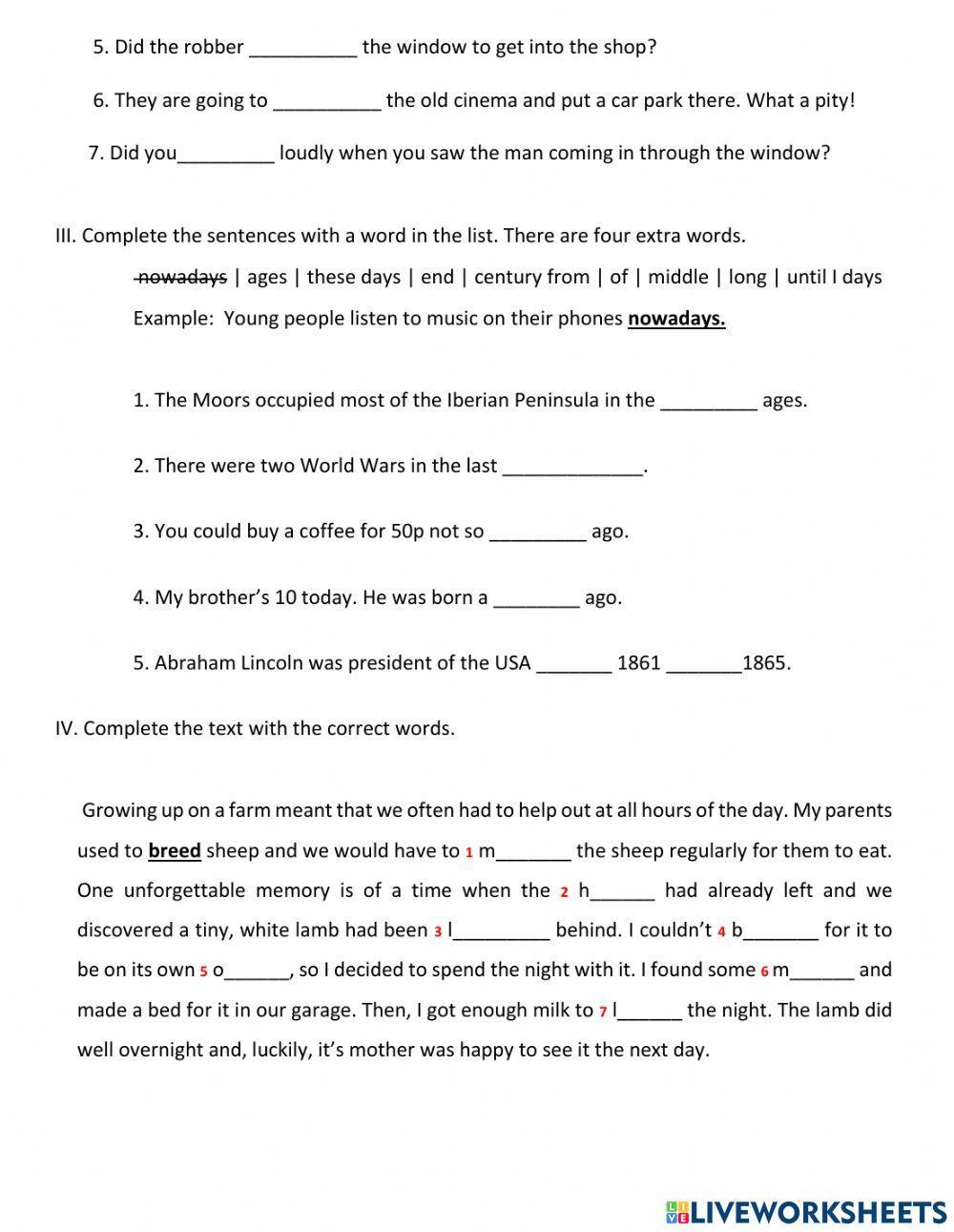Vocabulary: descriptive verbs andtime periods