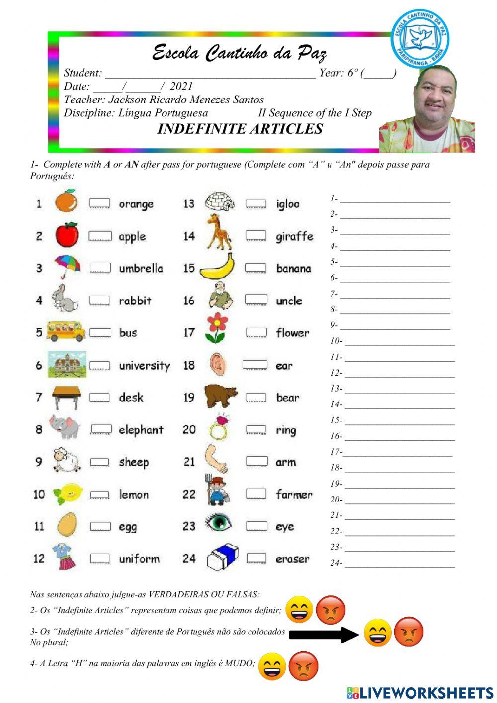 Indeifnite artciles and animals