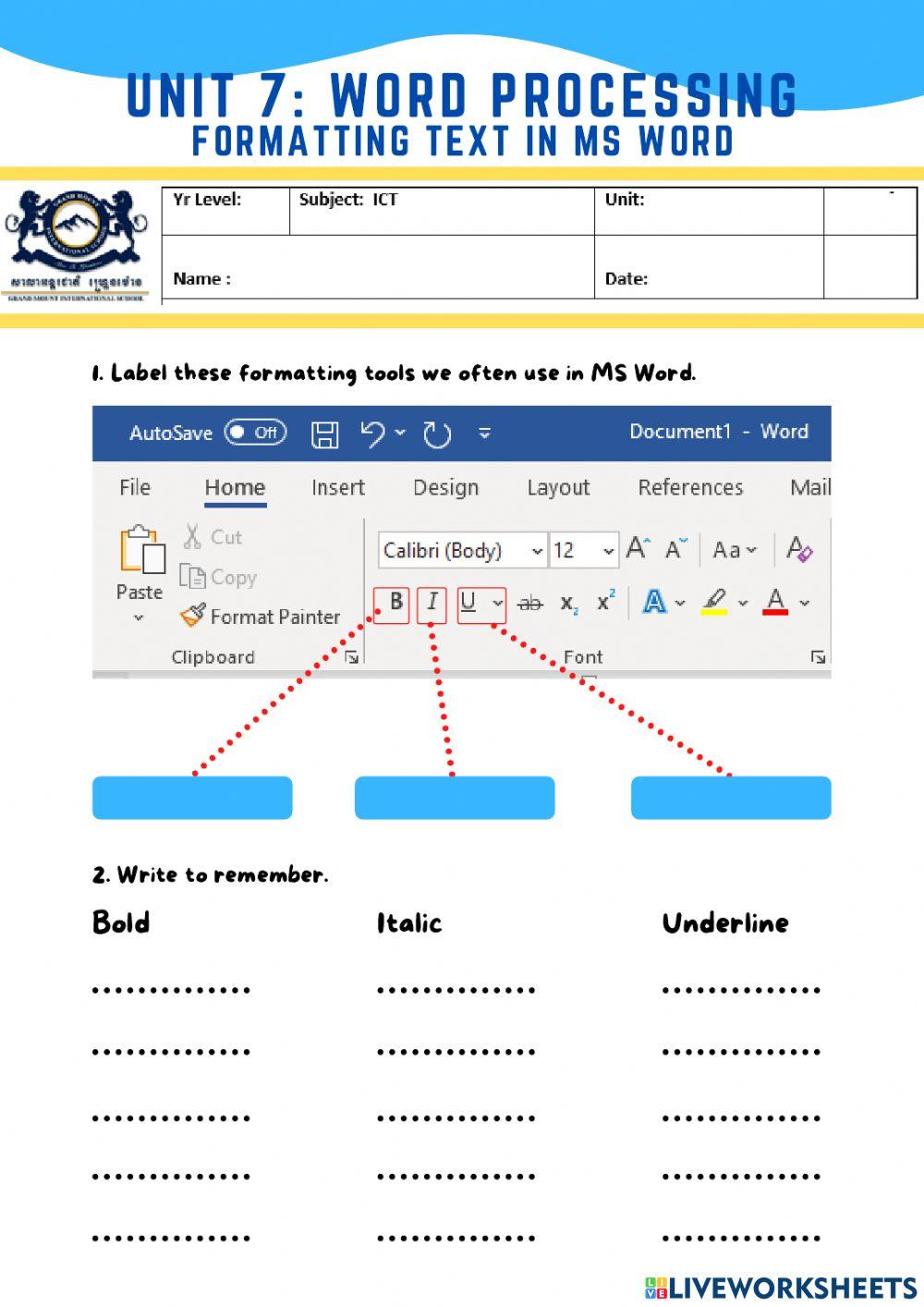 Formatting Text in MS Word online activity | Live Worksheets