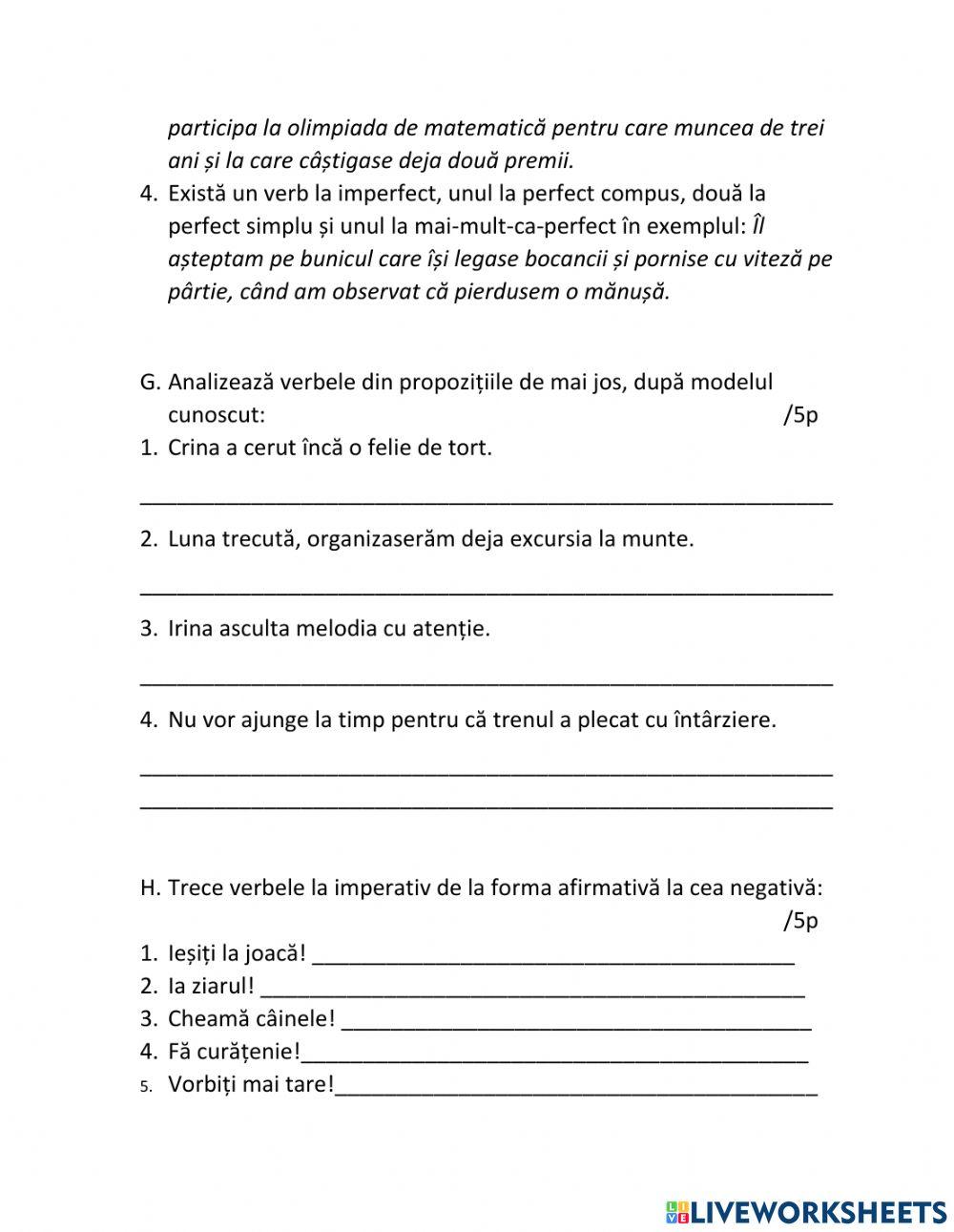 Test la gramatică - verbul (cl.a V-a) worksheet | Live Worksheets