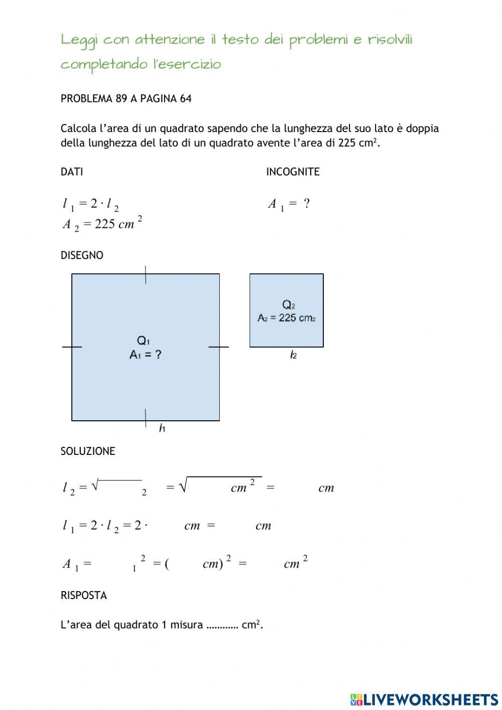 Problemi area 2 quadrati worksheet live worksheets