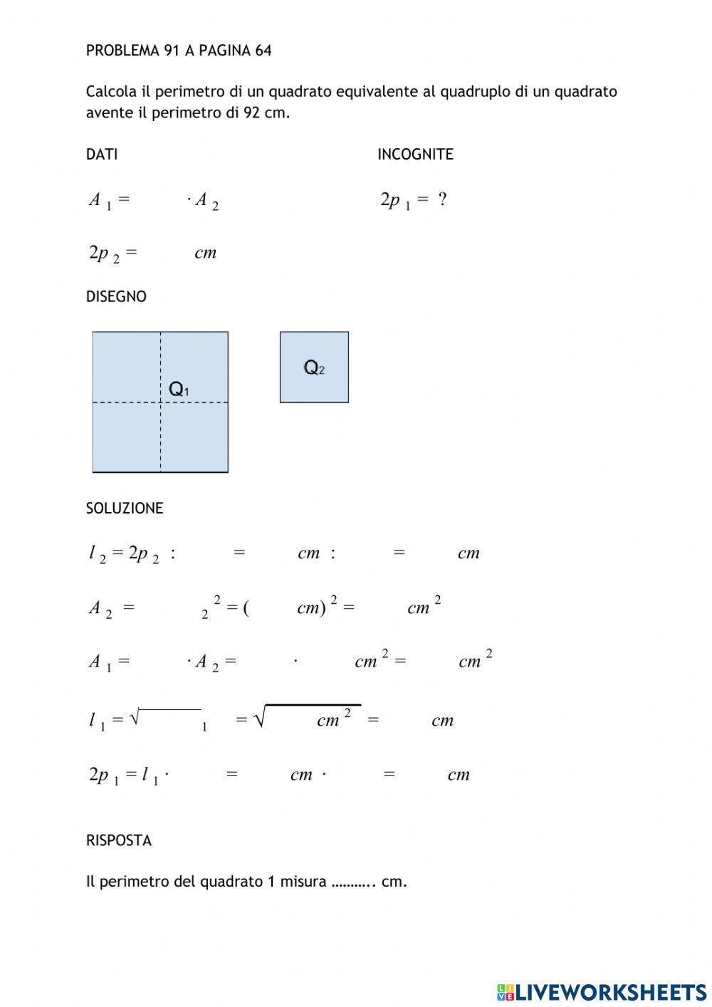 Problemi area 2 quadrati worksheet live worksheets