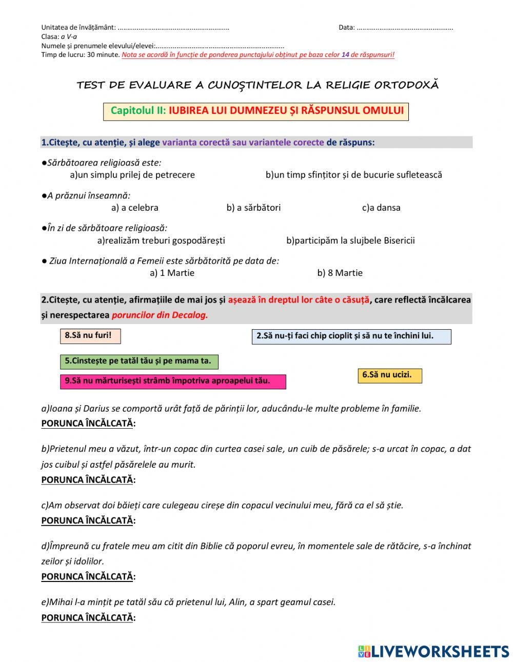 Test de evaluare, clasa a V-a - IUBIREA LUI DUMNEZEU SI RASPUNSUL OMULUI
