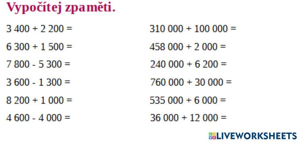 Pamětné sčítání a odčítání do milionu