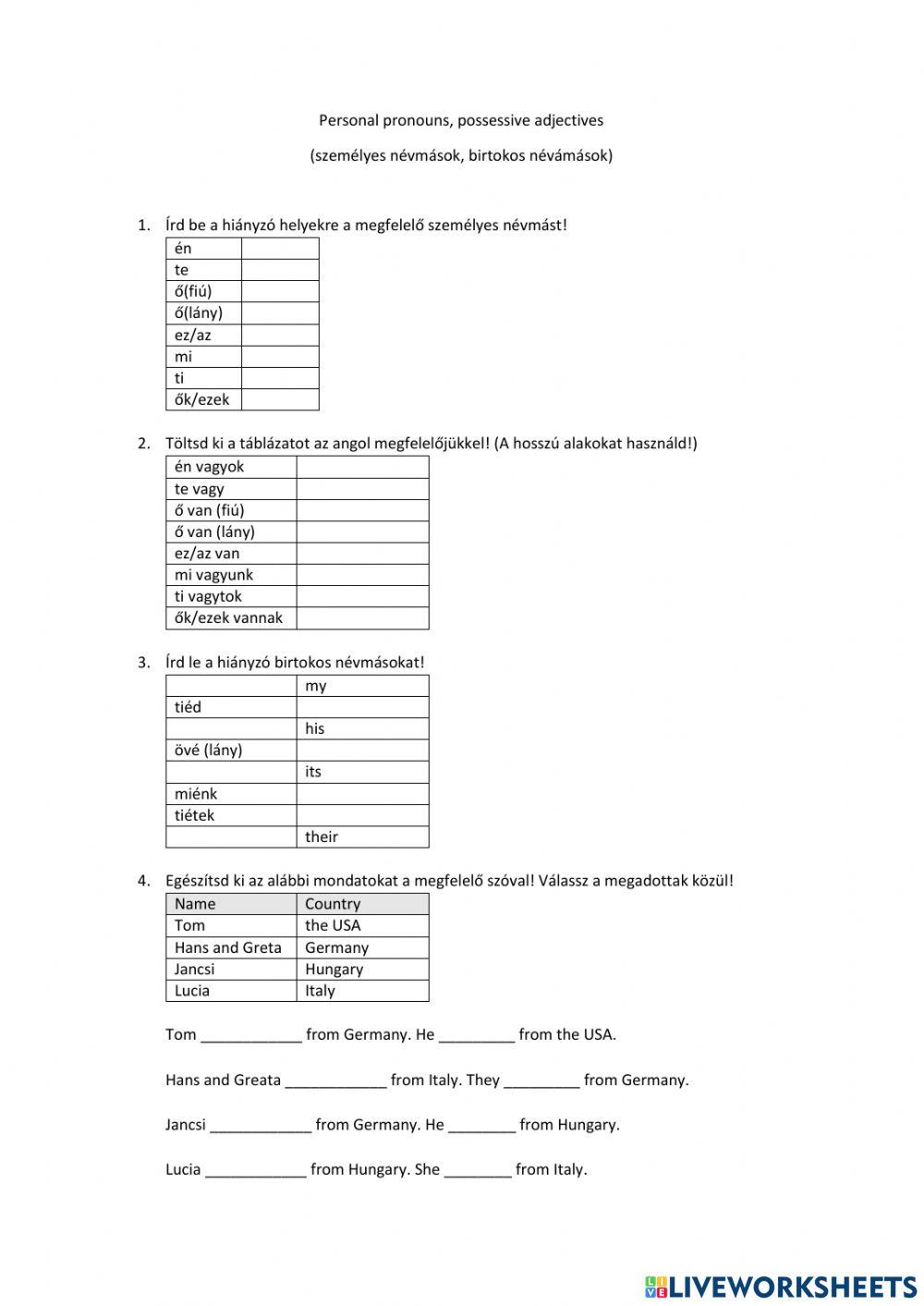 Personal pronouns, possessive adjectives