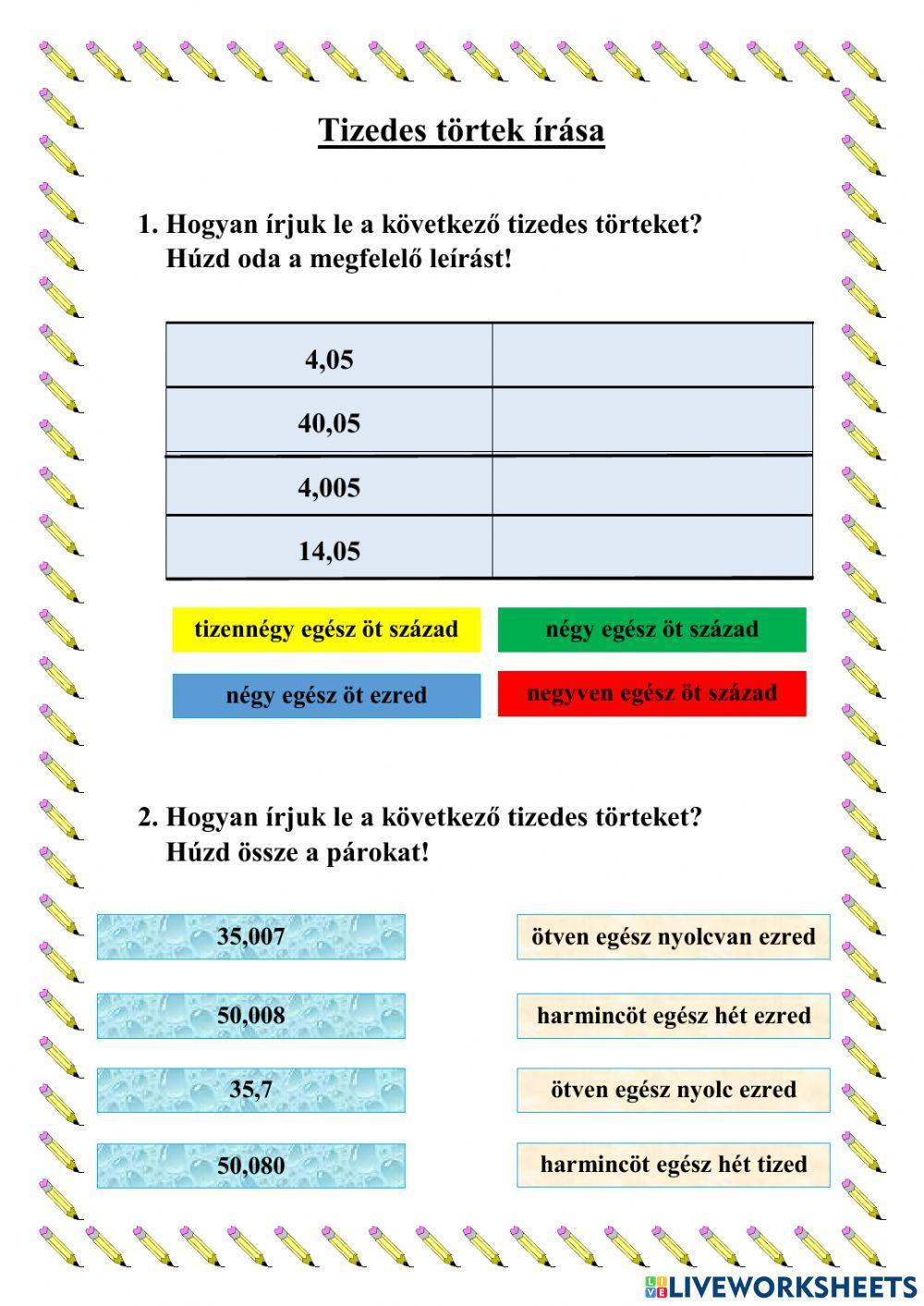 Tizedes törtek írása