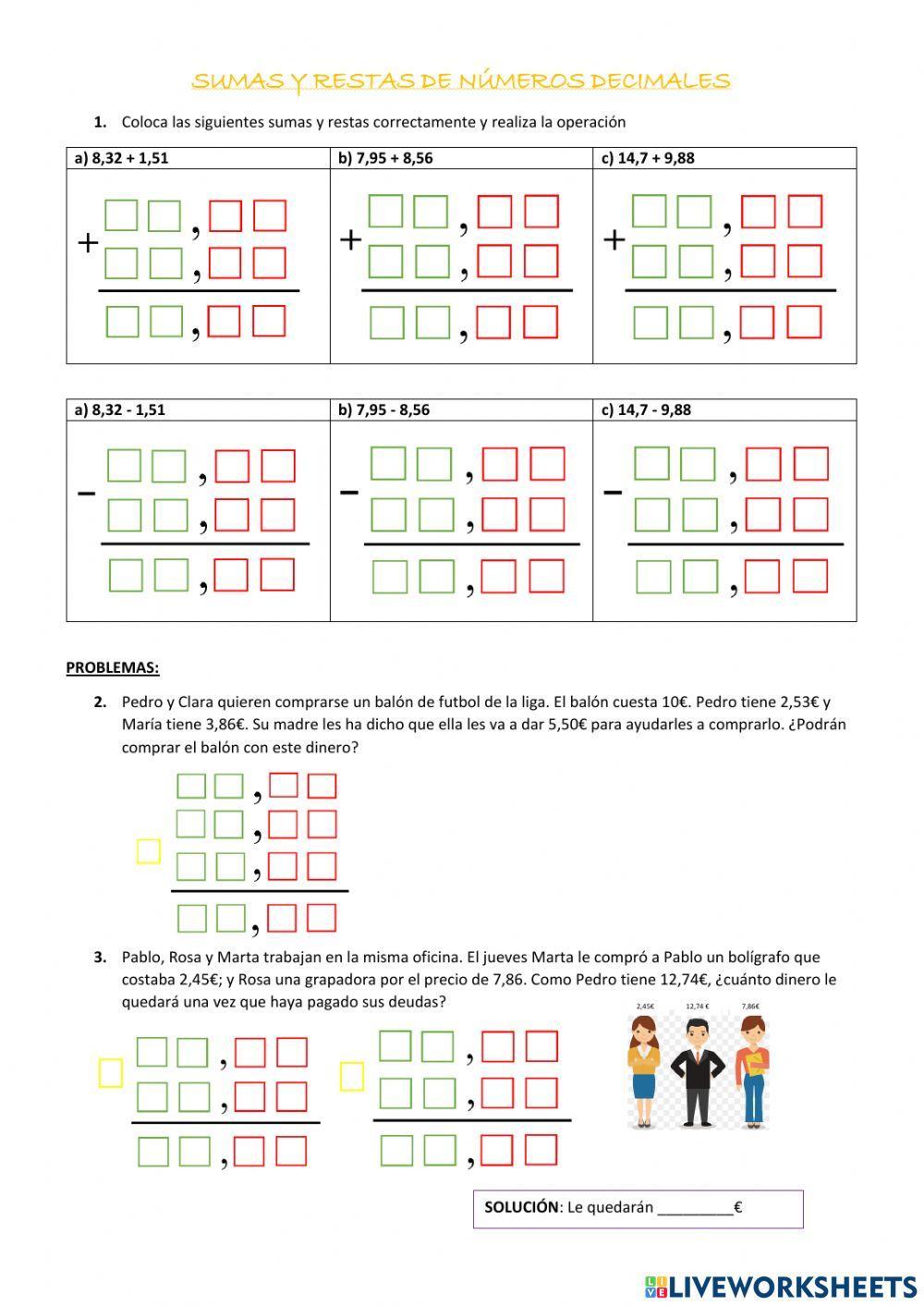 Sumas y restas números decimales
