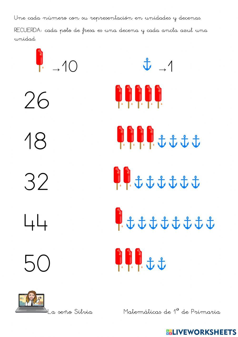 Une cada número con sus unidades y decenas