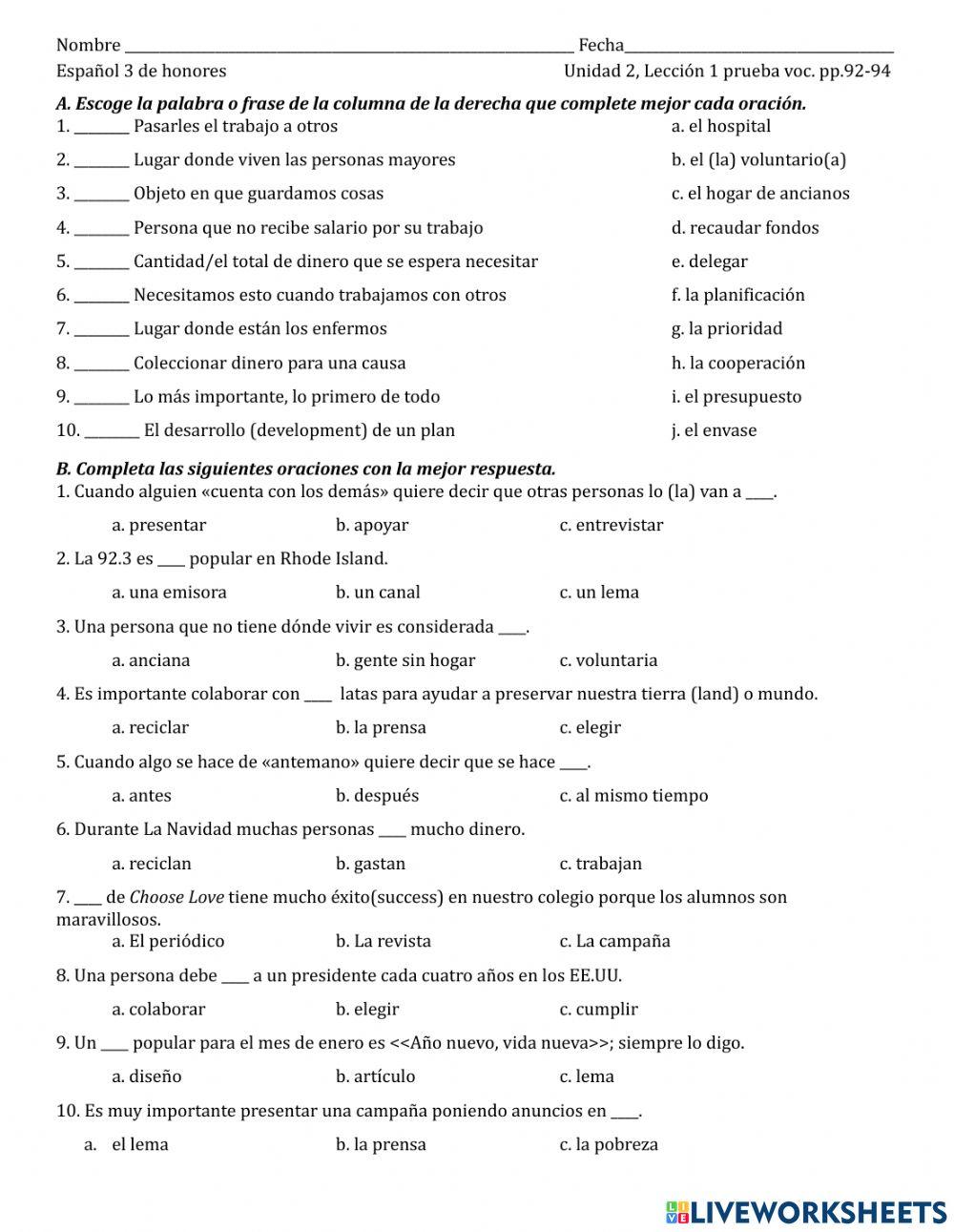 Avancemos 3 Unidad 2, Lección 1 Vocabulario worksheet | Live Worksheets
