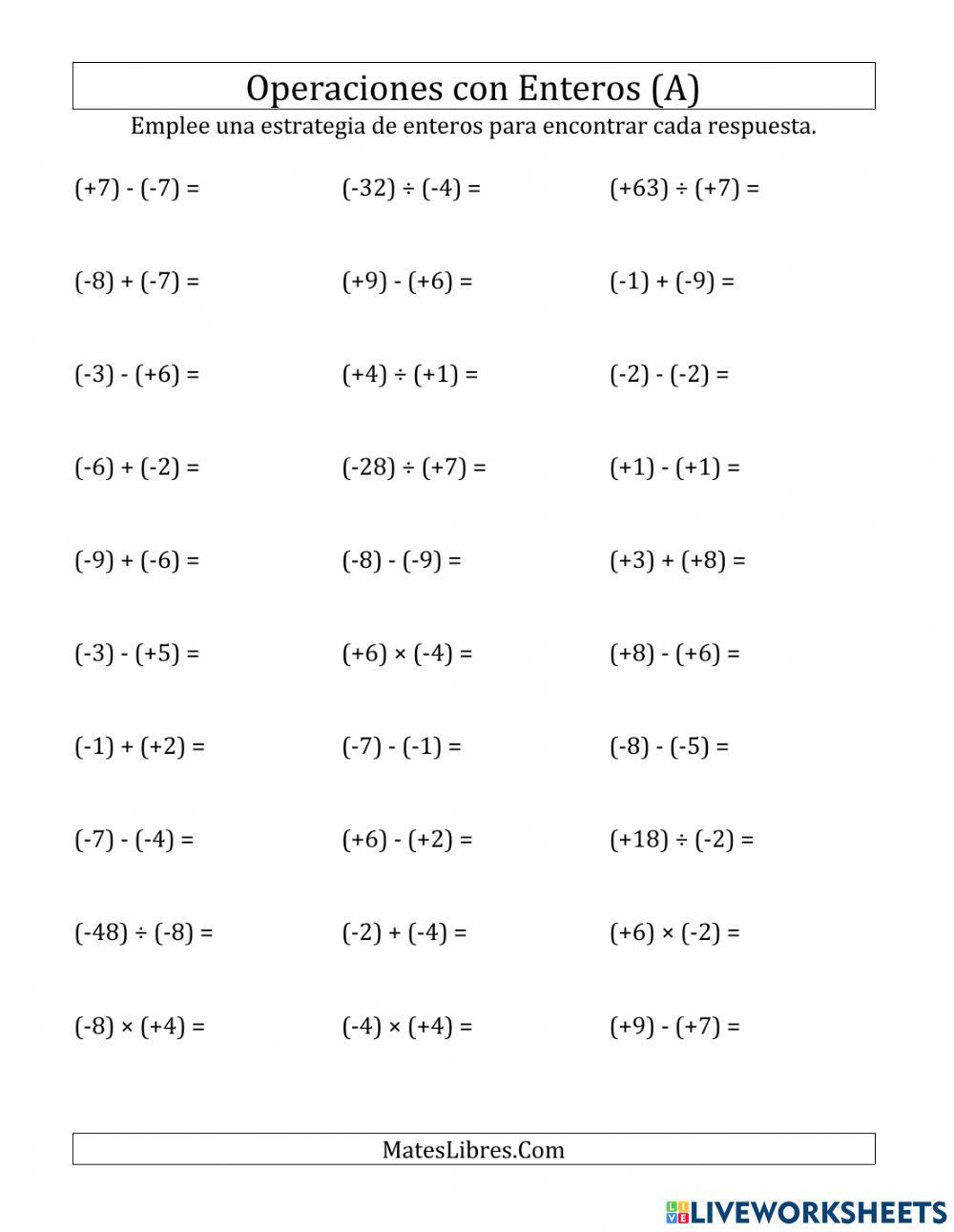 Operaciones números enteros