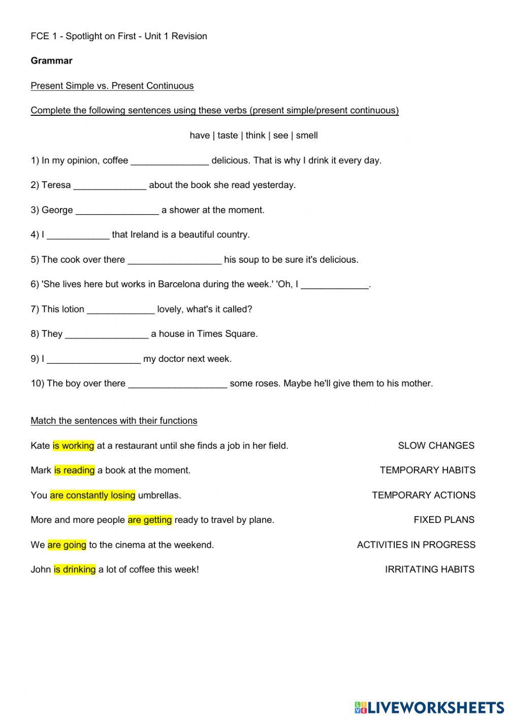 FCE1 - Spotlight on First - Unit 1 Revision