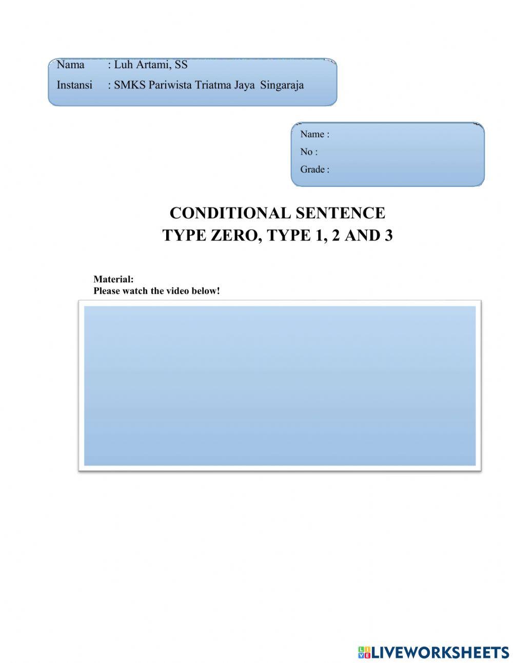 Conditional sentence type zero, type 1,2 and 3