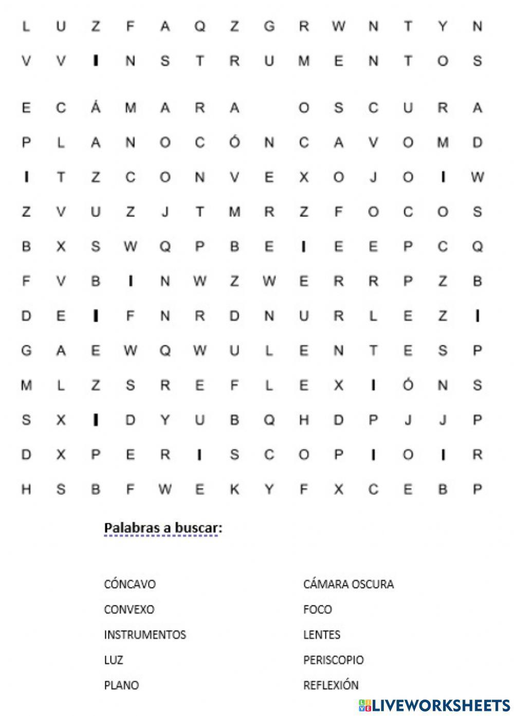 Sopa de letras: Espejos y lentes.