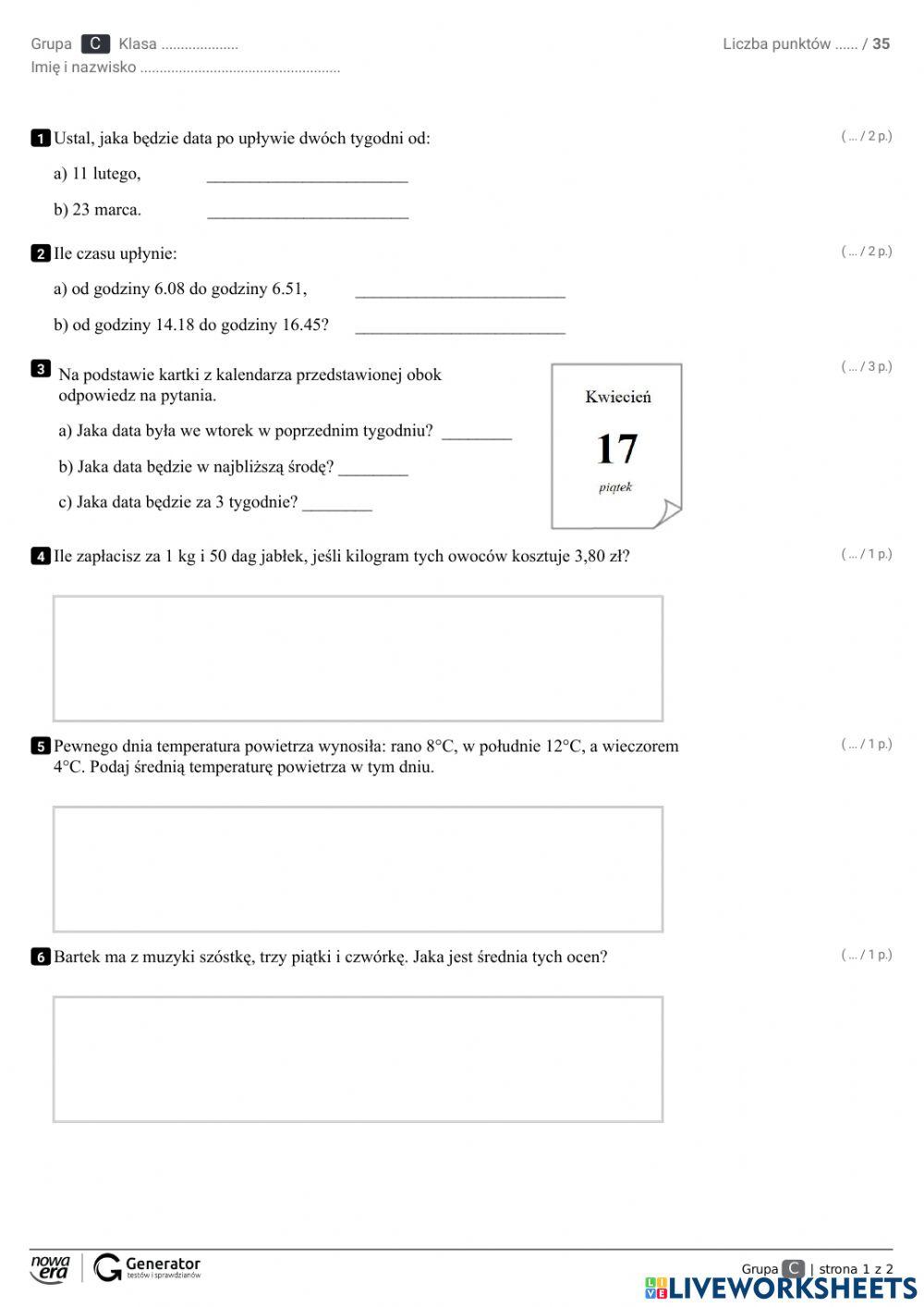 Matematyka I My Klasa 5 Sprawdzian klasa 5A matematyka i my online exercise for | Live Worksheets