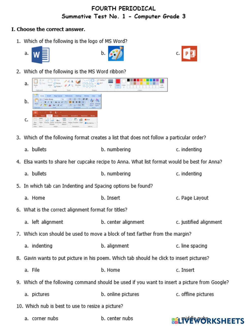 GRADE 3 - Summative Test No. 1 (4th Quarter) online exercise for | Live ...