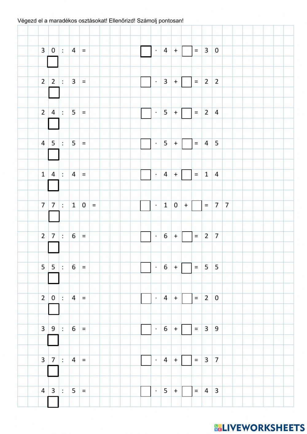 Maradékos osztás (2-es, 3-as, 4-es, 5-ös, 6-os, 10-es)
