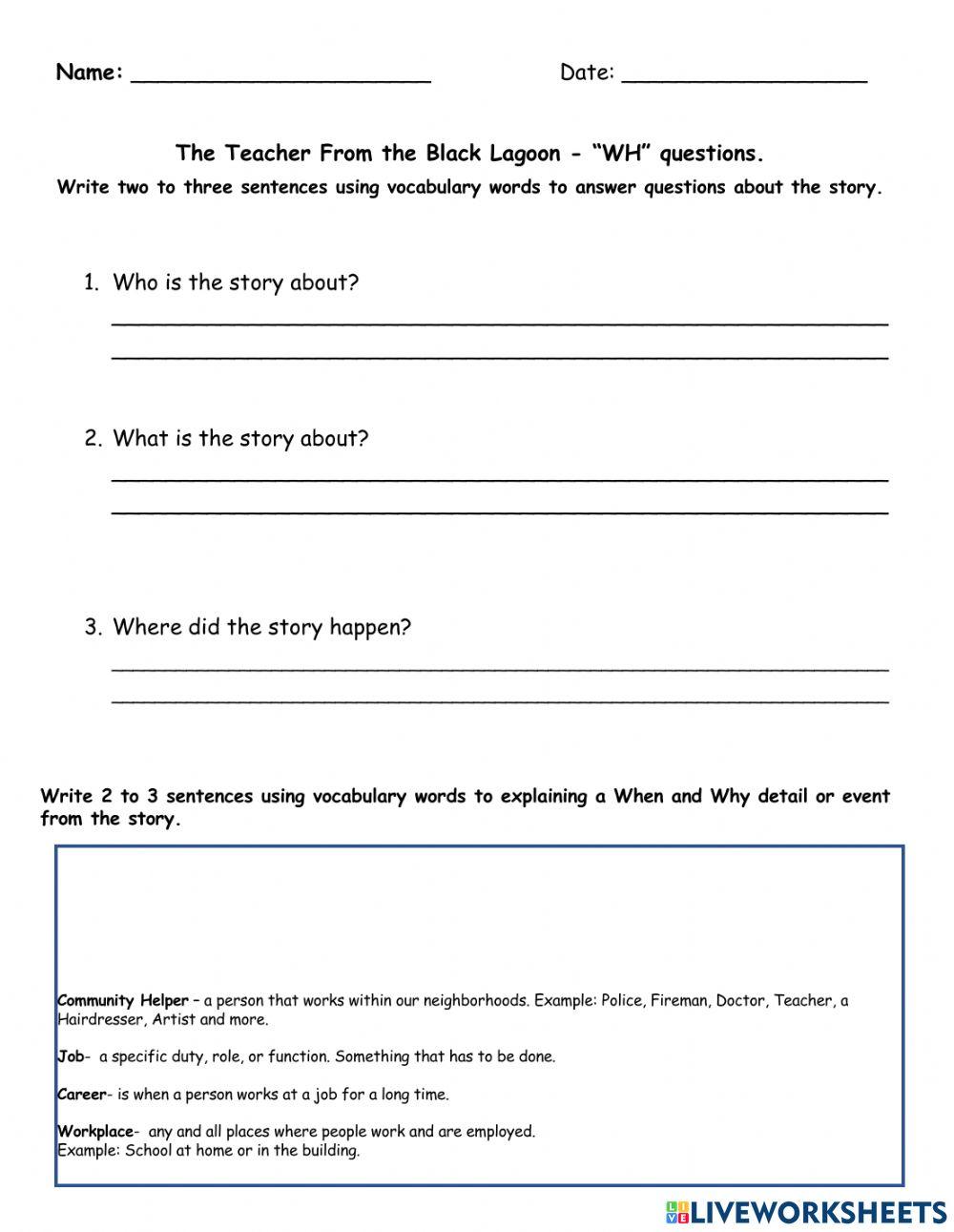 Writing The Teacher from the Black Lagoon L3 WH Questions 3 22 21