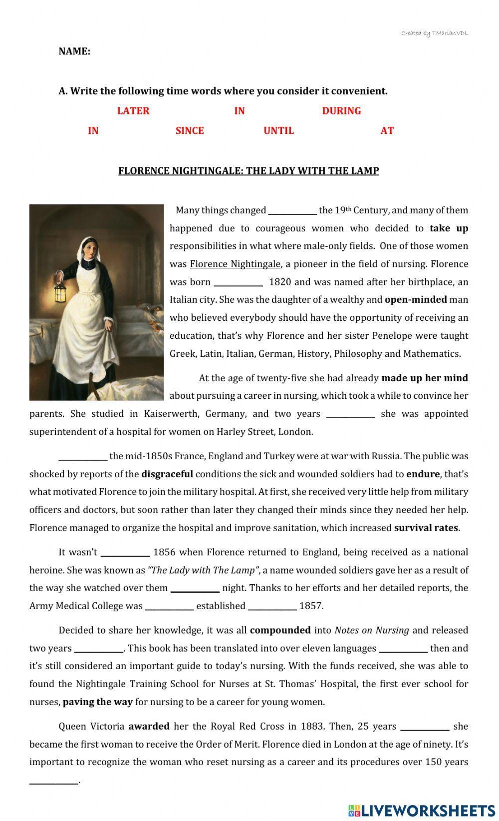 Florence Nighthingale: Reading Exercises Florence Nighthingale: Reading Exercises