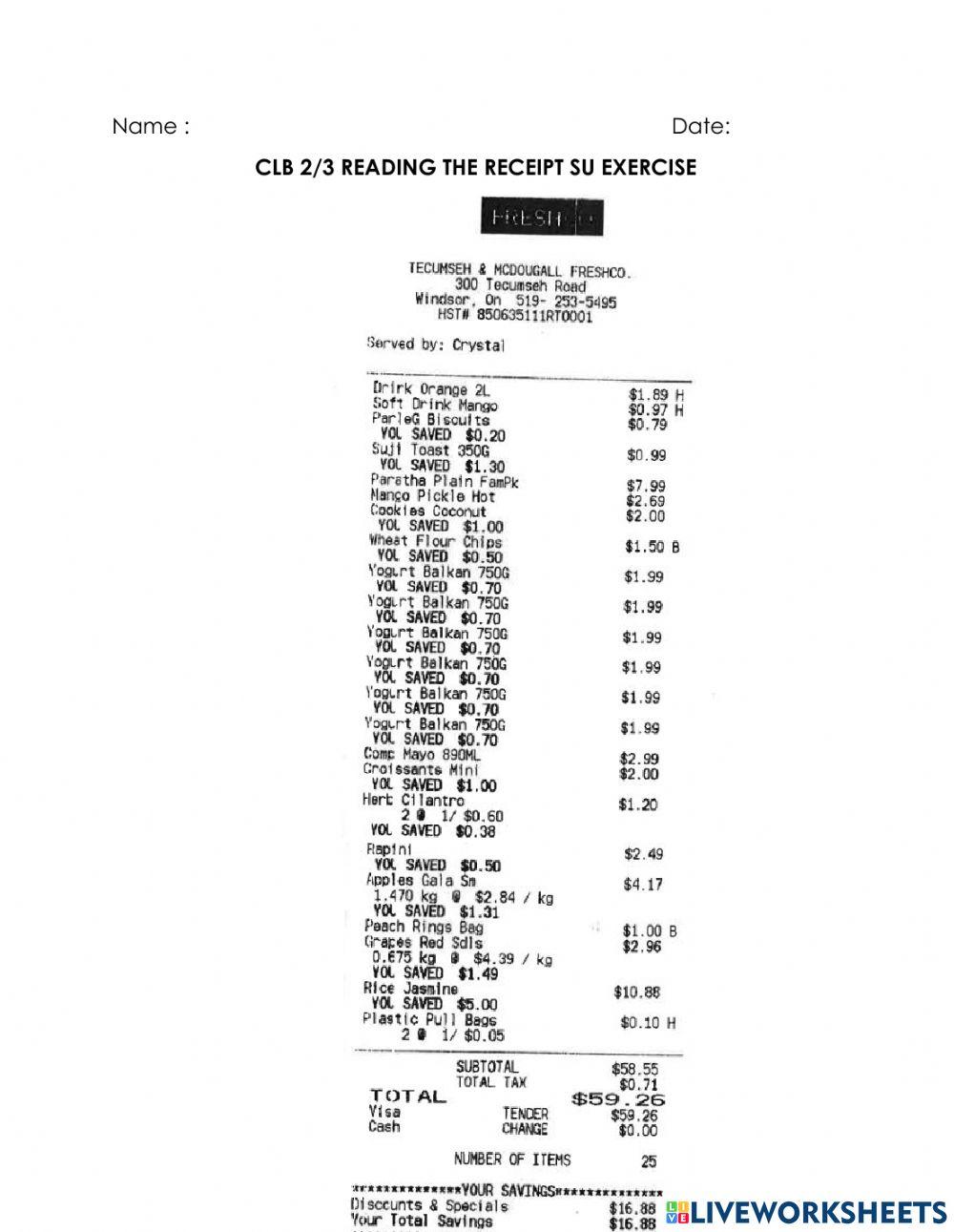 Reading store receipt su exercise online exercise for live worksheets