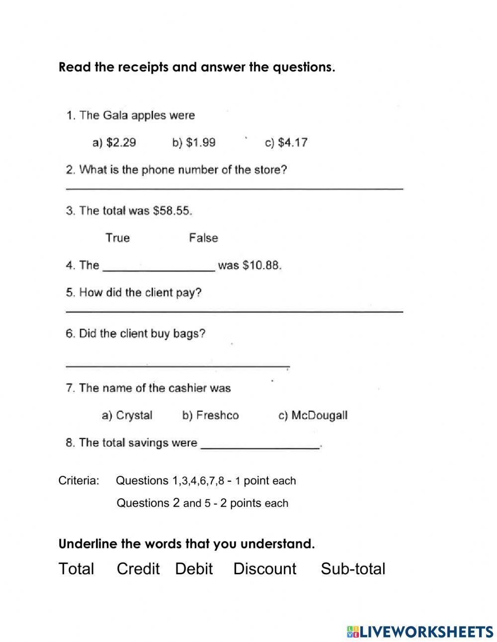 Reading store receipt su exercise online exercise for live worksheets