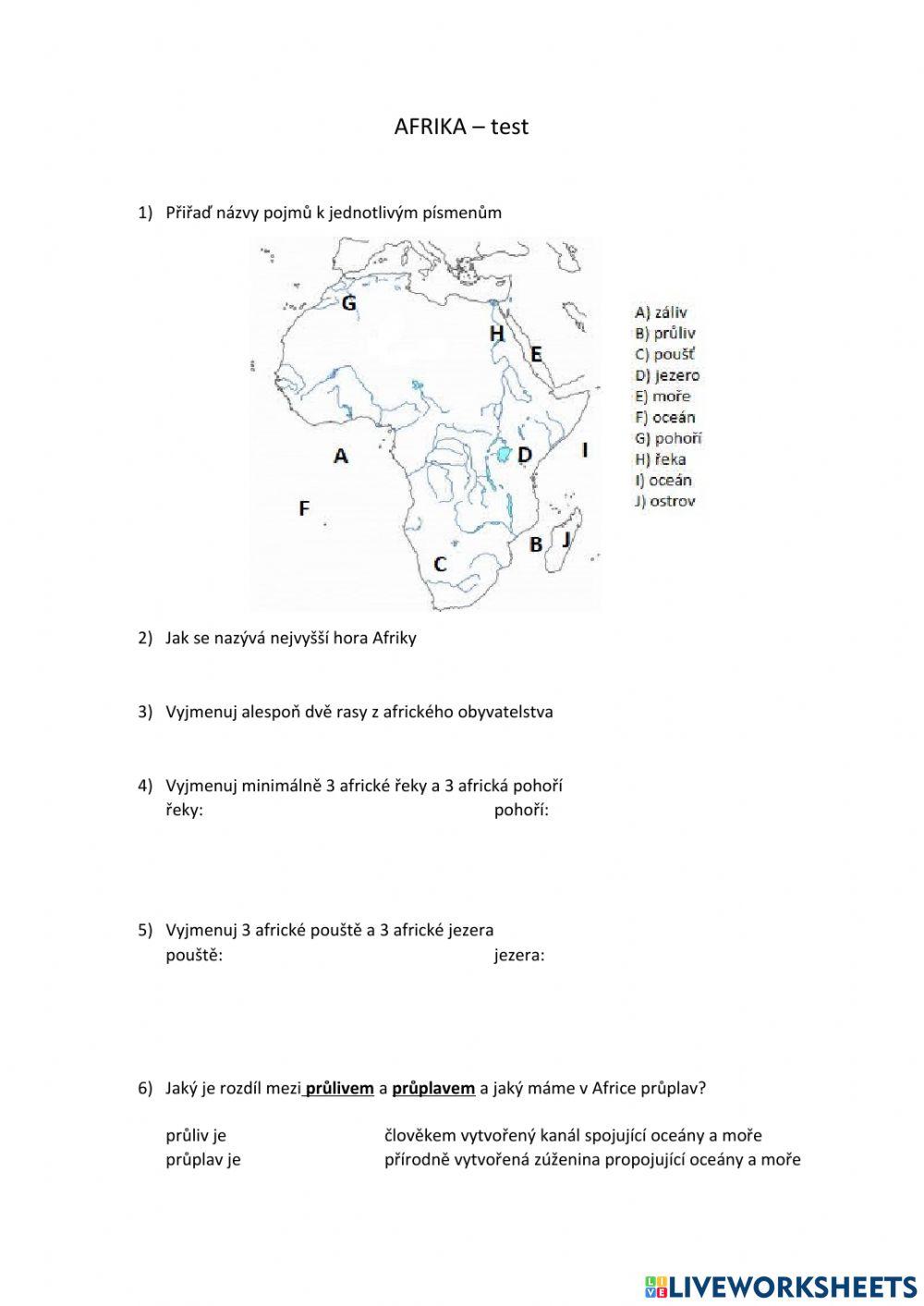 Afrika test worksheet | Live Worksheets