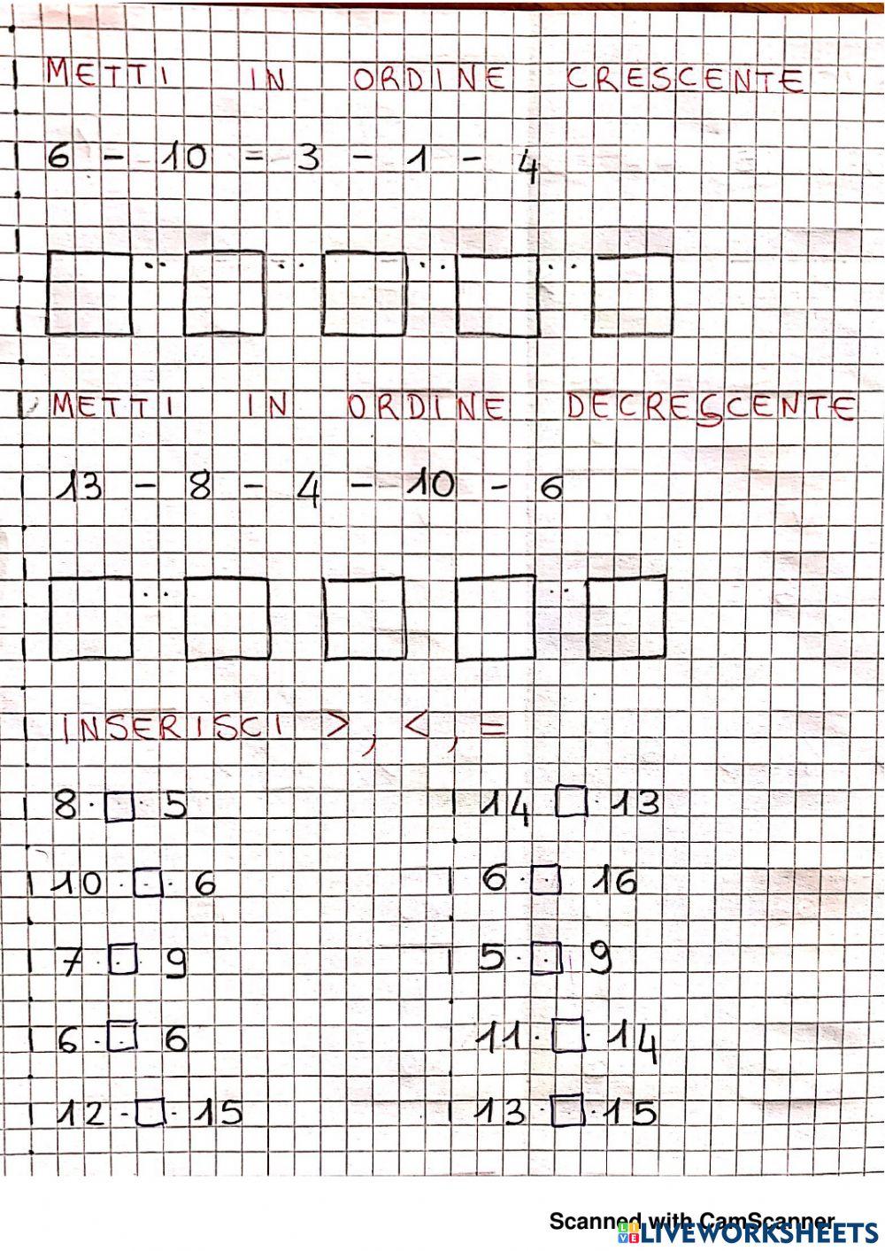 Confronta i numeri da o a 16