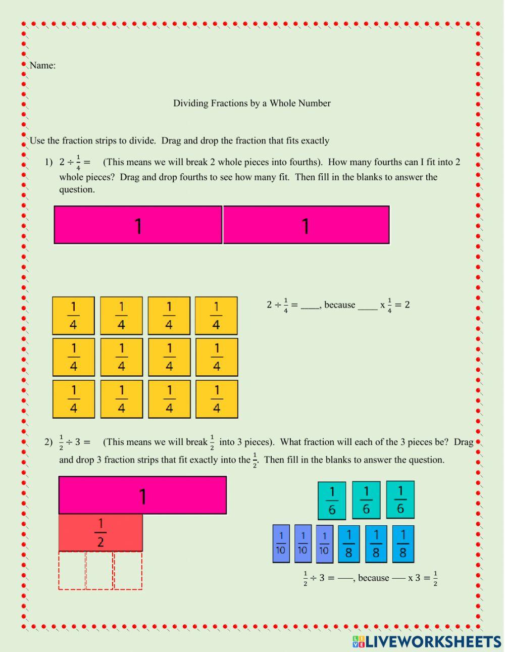 Dividing fractions using fraction strips and number lines worksheet