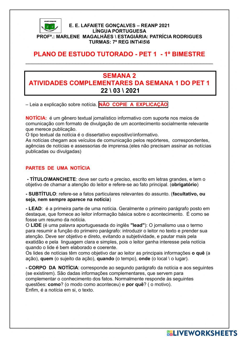 Gênero textual notícia - Atividades complementares da semana 1 do pet 1
