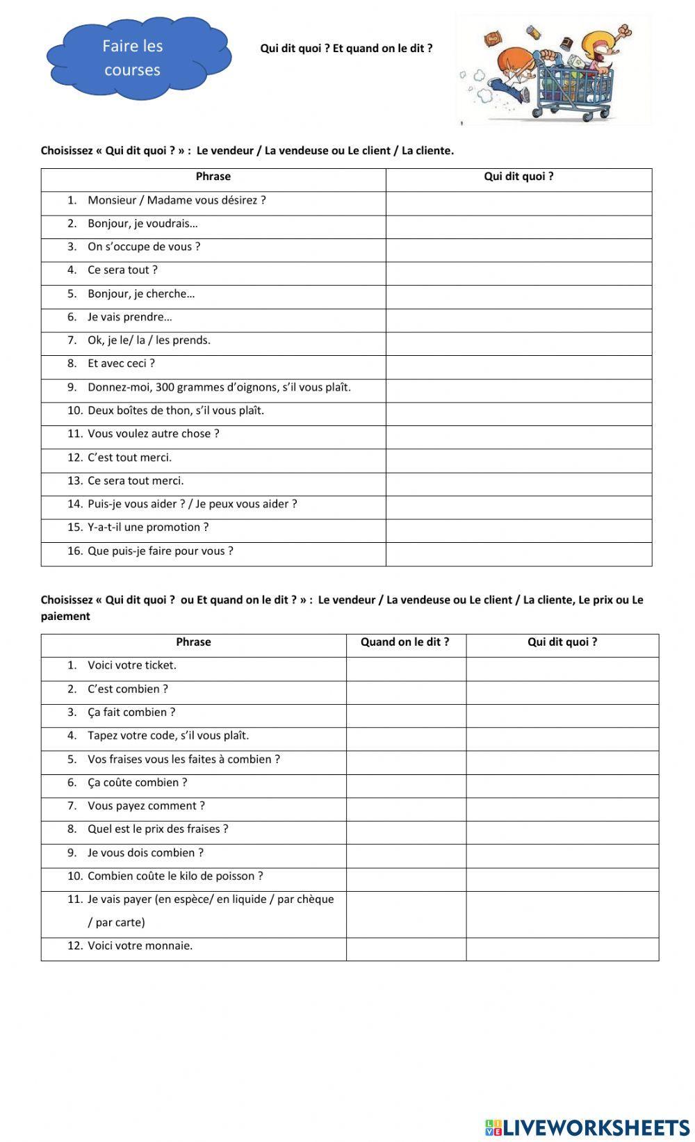 Vocabulaire : Dialogue Faire les courses