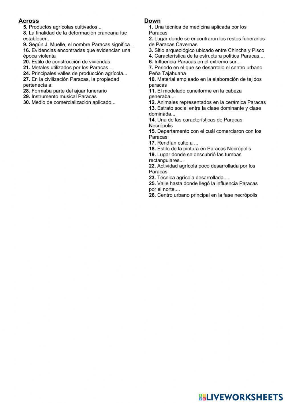 Crucigrama Cultura Paracas